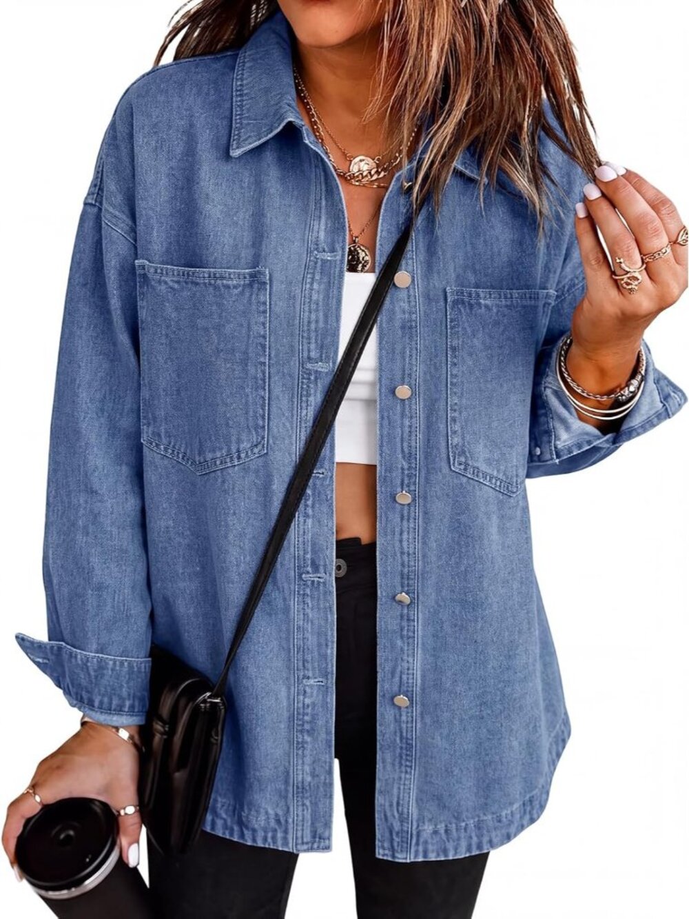 Womens Oversized Denim Shirt Jacket Button Down Fall Jean Shacket
